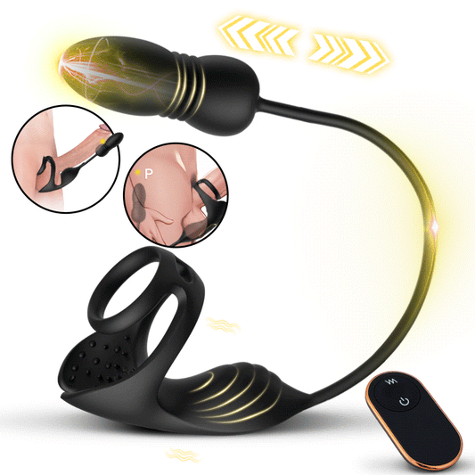 Acmejoy - 9 Thrusting & Vibrating Prostate Massager with Dual Cocking Rings Testicular Stimulator